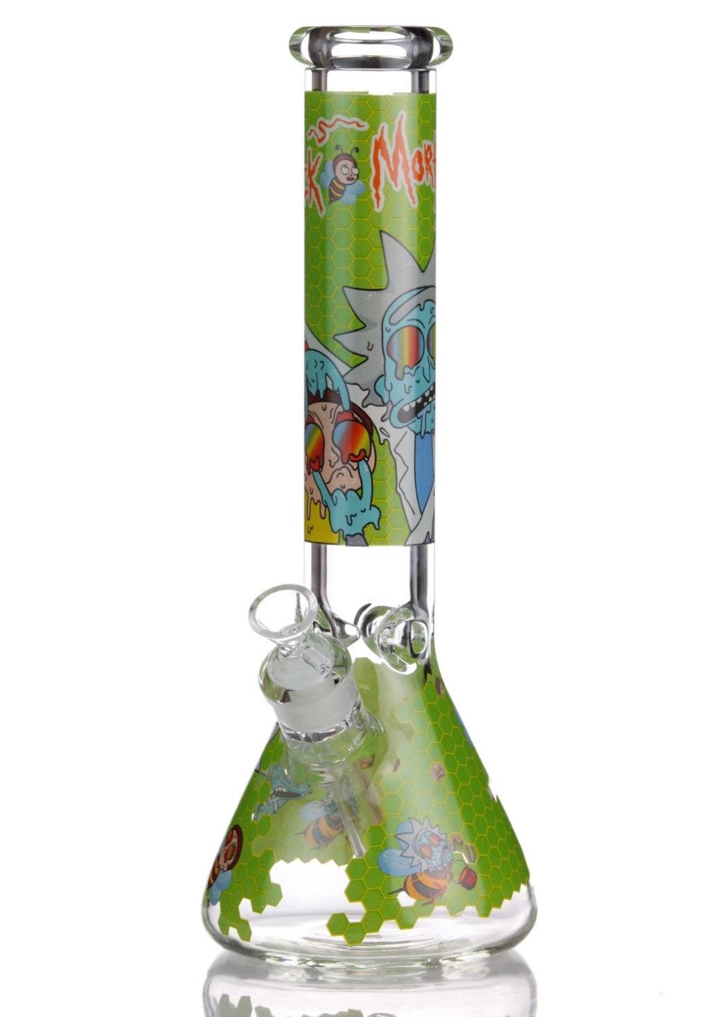 rick and morty bong with green honeycomb design. Rick pulling Morty's eyes down, exposing rainbow eyes